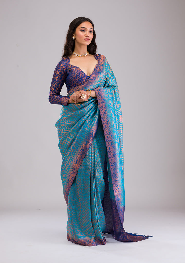 Turquoise Blue Zariwork Soft Silk Saree