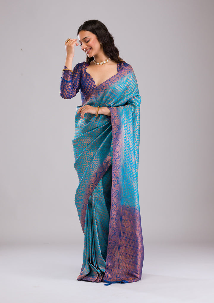 Turquoise Blue Zariwork Soft Silk Saree