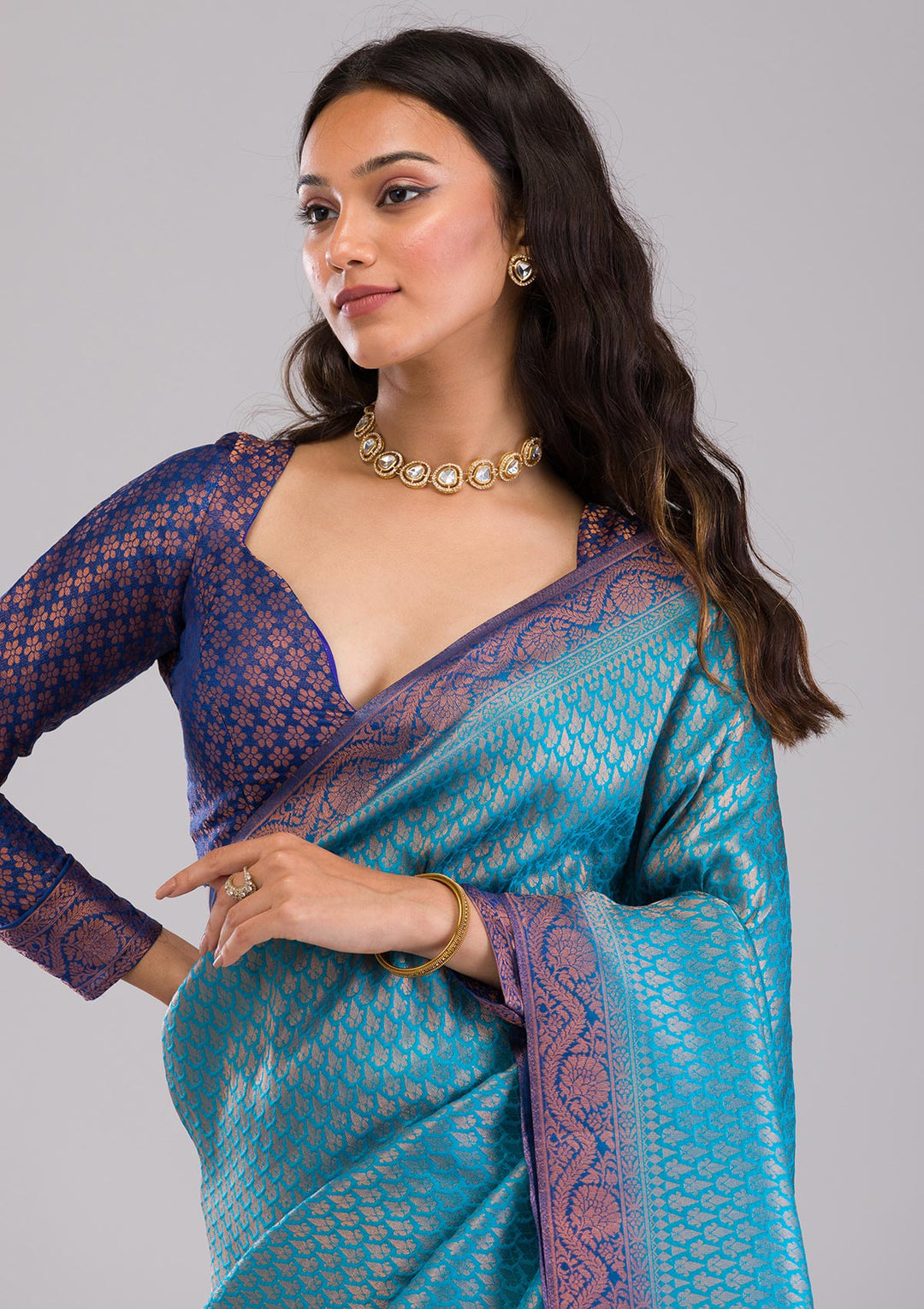 Turquoise Blue Zariwork Soft Silk Saree