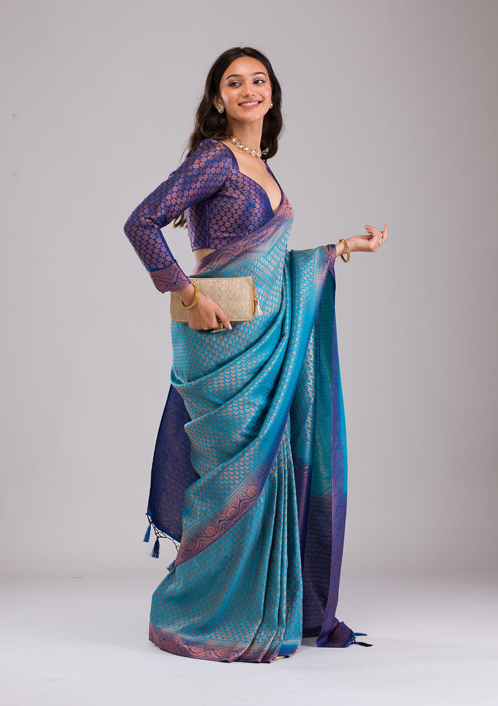 Turquoise Blue Zariwork Soft Silk Saree