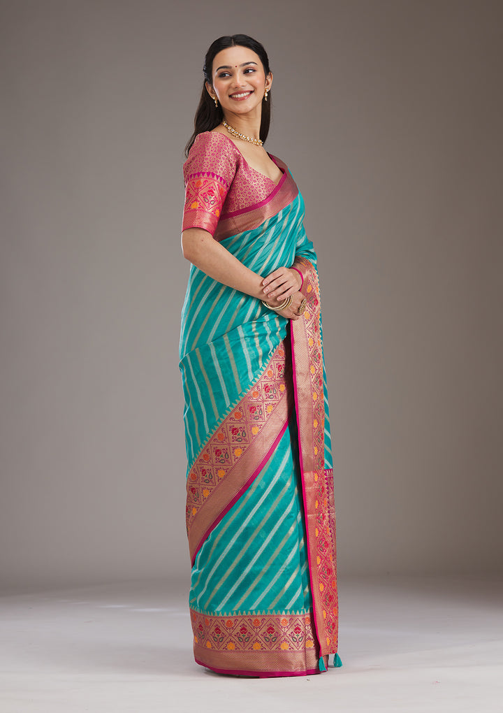Turquoise Blue Zariwork Tissue Saree
