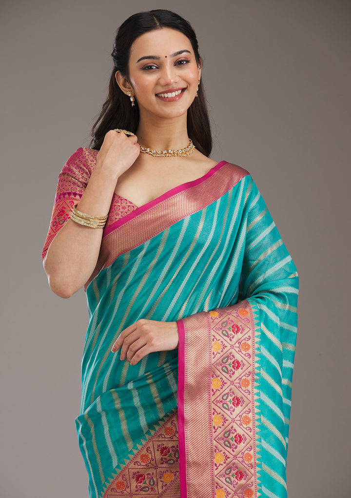 Turquoise Blue Zariwork Tissue Saree