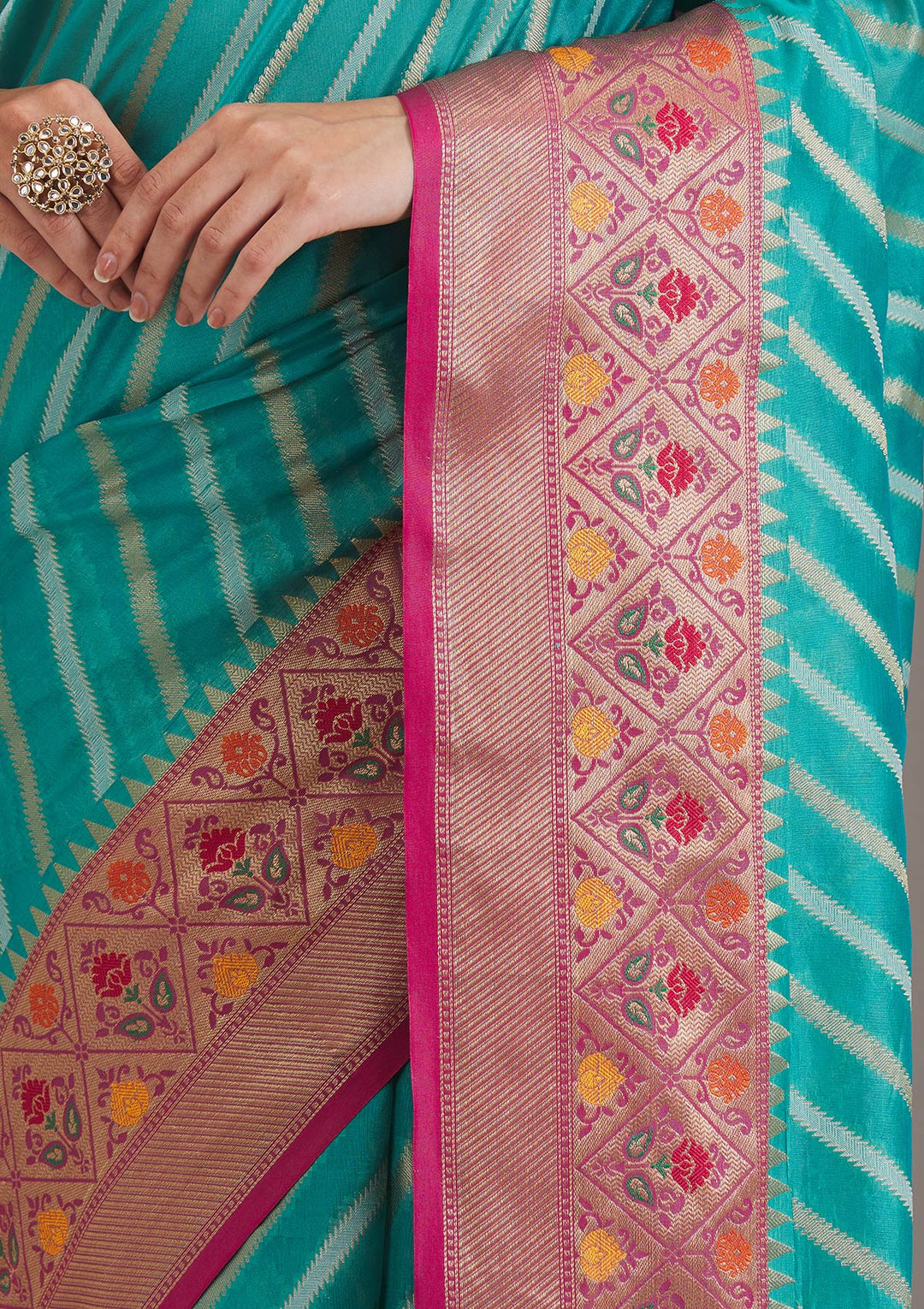 Turquoise Blue Zariwork Tissue Saree