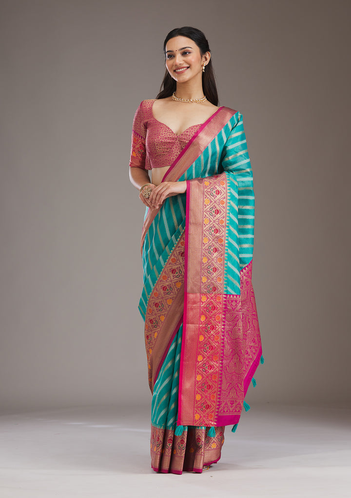 Turquoise Blue Zariwork Tissue Saree