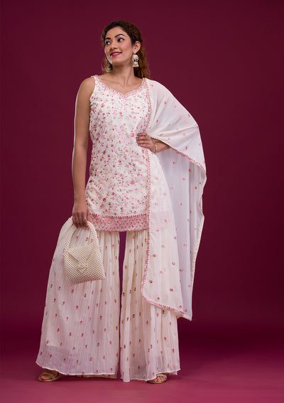 White Kashmiri Threadwork Georgette Readymade Sharara Suit-Koskii