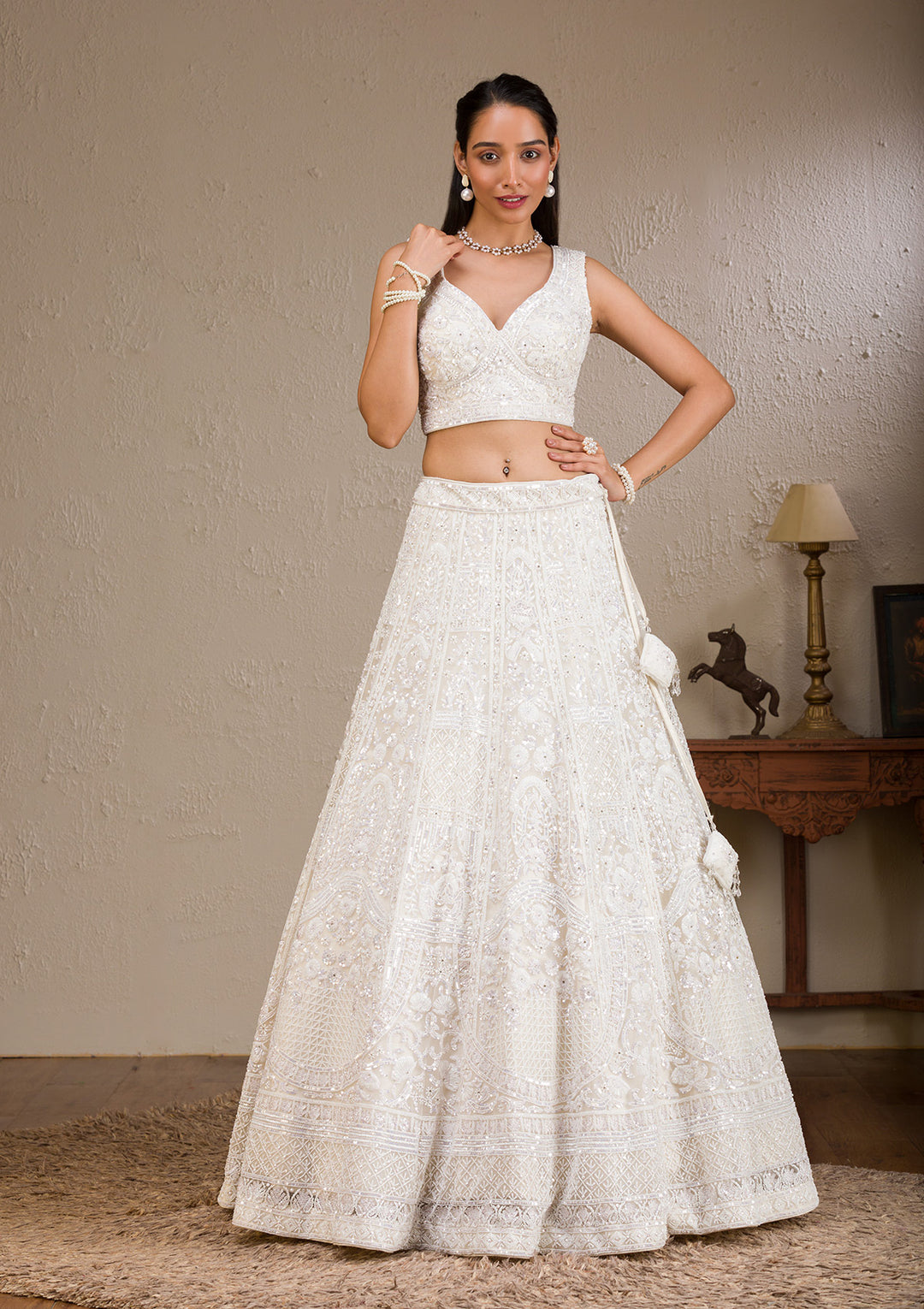White Pearlwork Net Readymade Lehenga