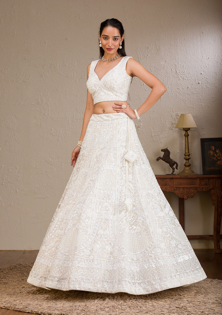White Pearlwork Net Readymade Lehenga