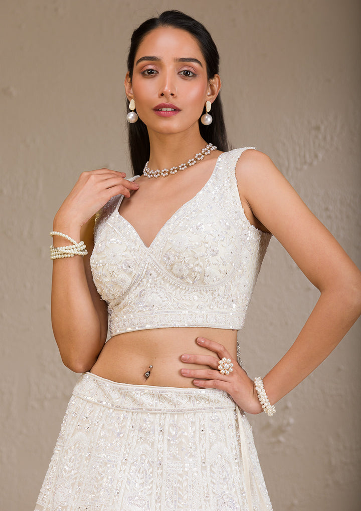 White Pearlwork Net Readymade Lehenga