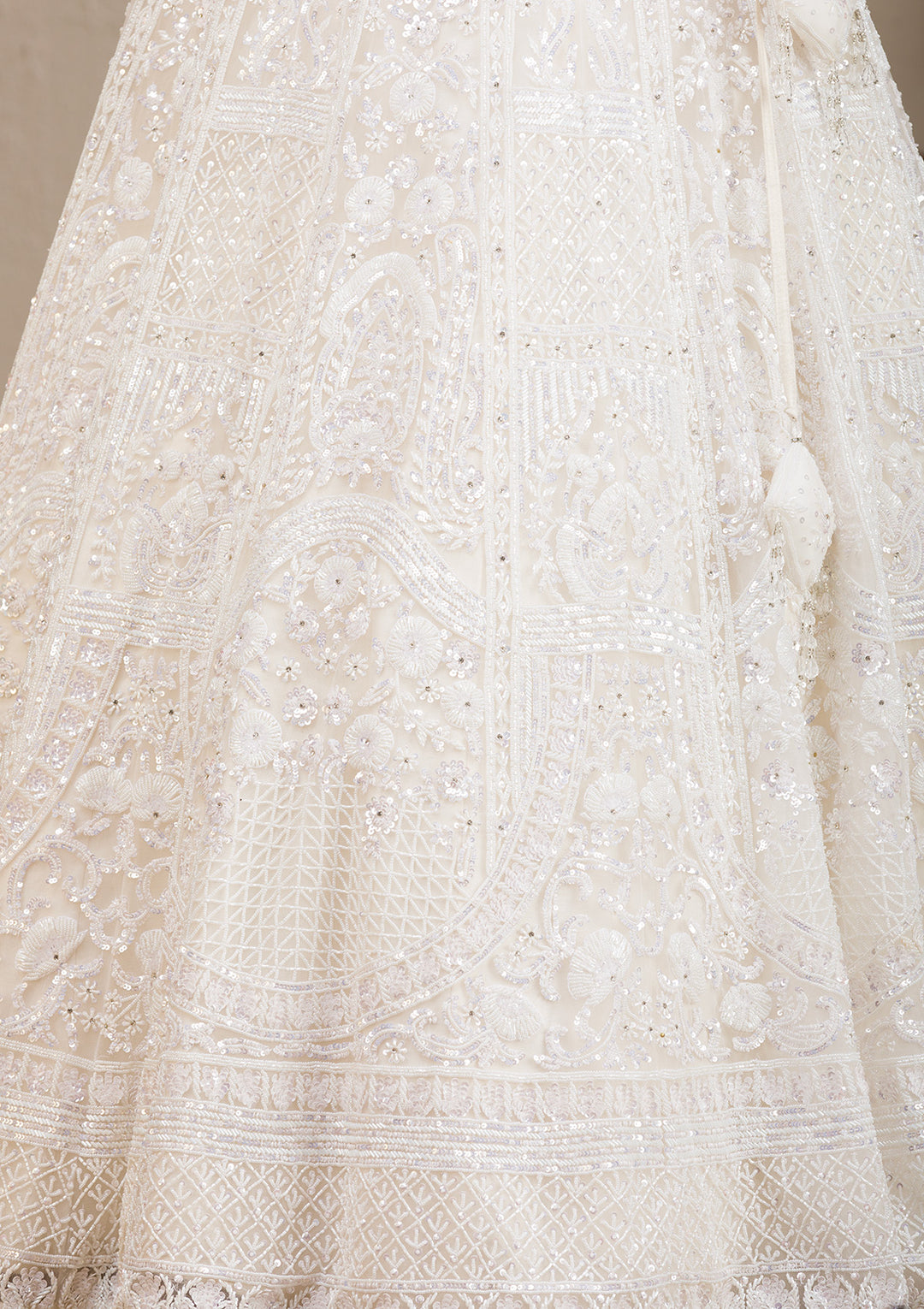 White Pearlwork Net Readymade Lehenga