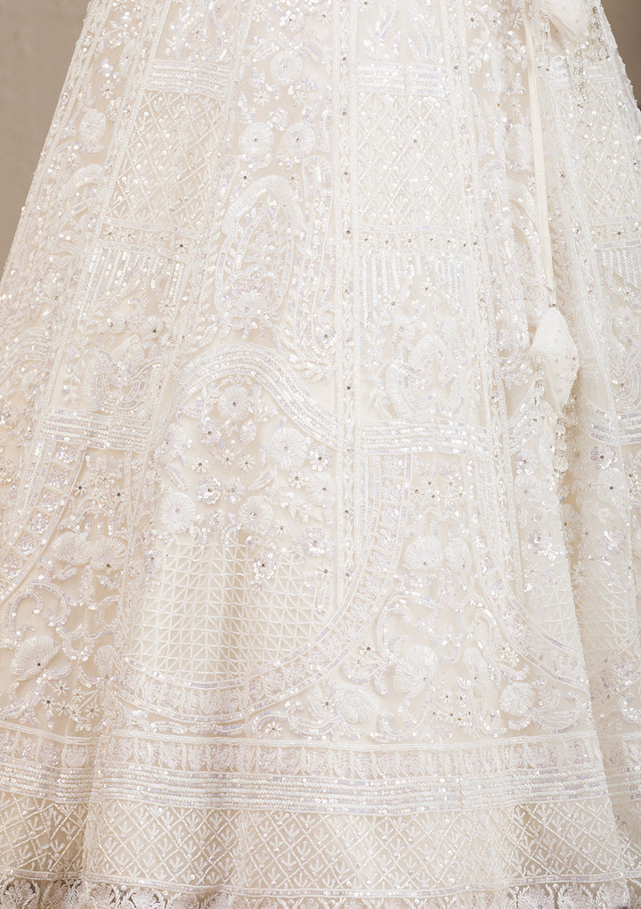 White Pearlwork Net Readymade Lehenga
