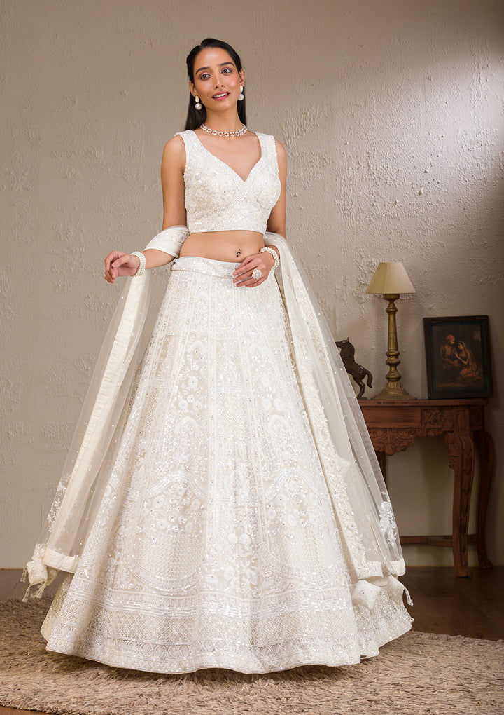 White Pearlwork Net Readymade Lehenga
