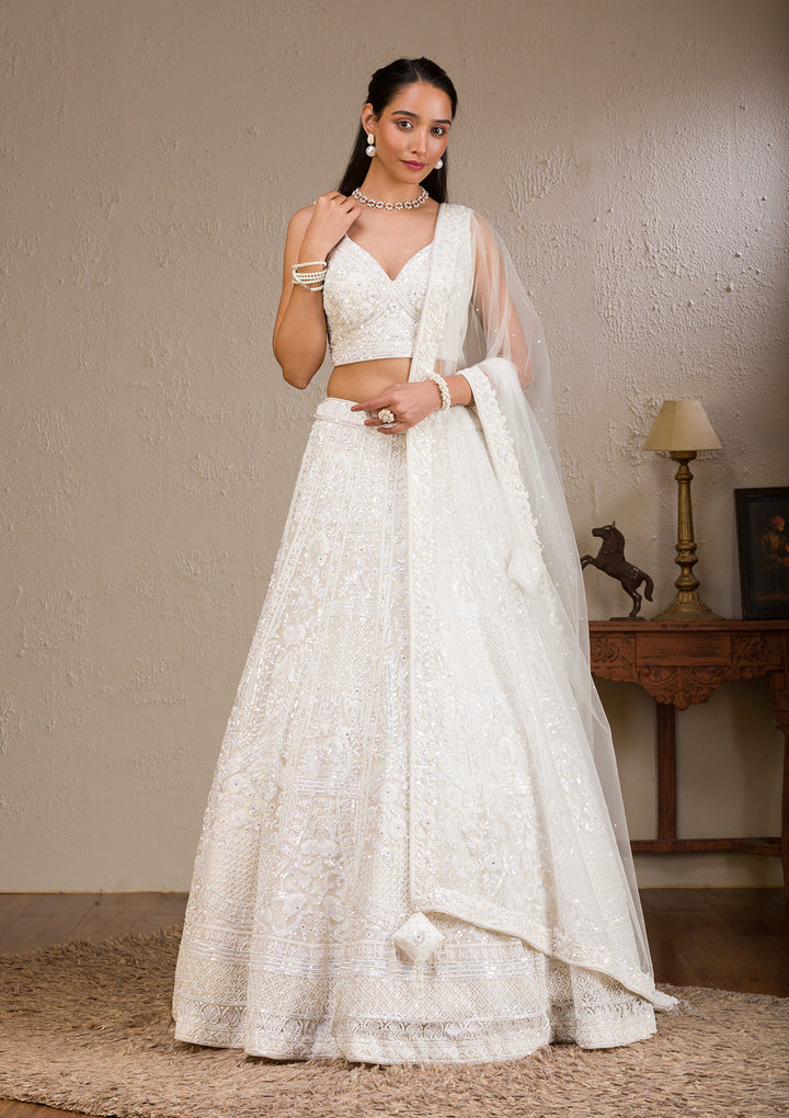 White Pearlwork Net Readymade Lehenga