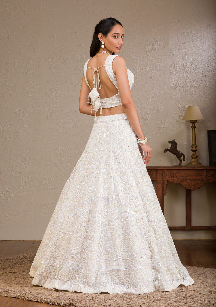 White Pearlwork Net Readymade Lehenga