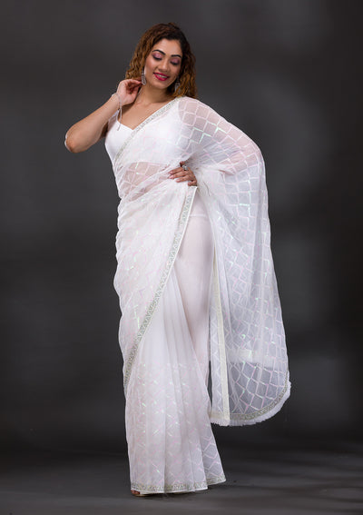 White Sequins Shimmer Georgette Saree-Koskii