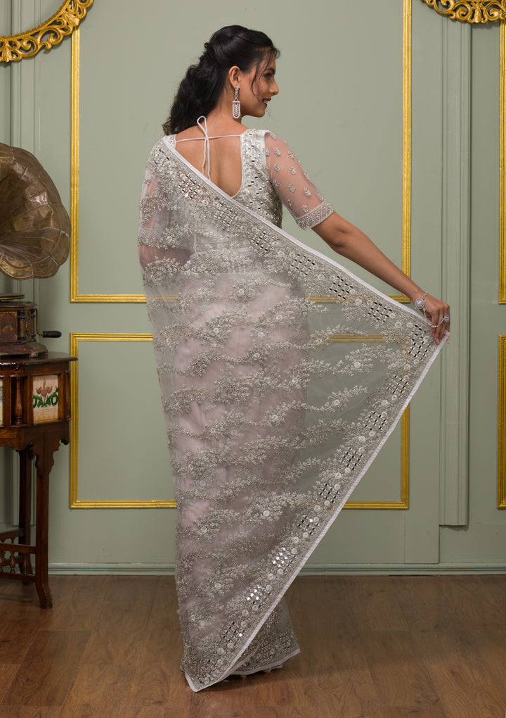 White Stonework Net Saree-Koskii