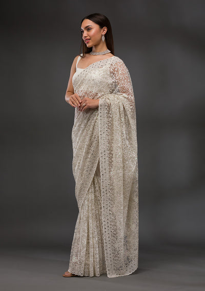 White Stonework Net Saree