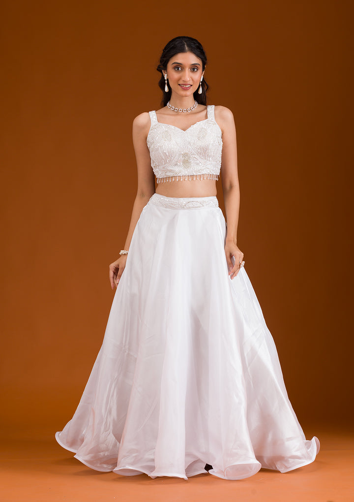 White Stonework Satin Readymade Lehenga