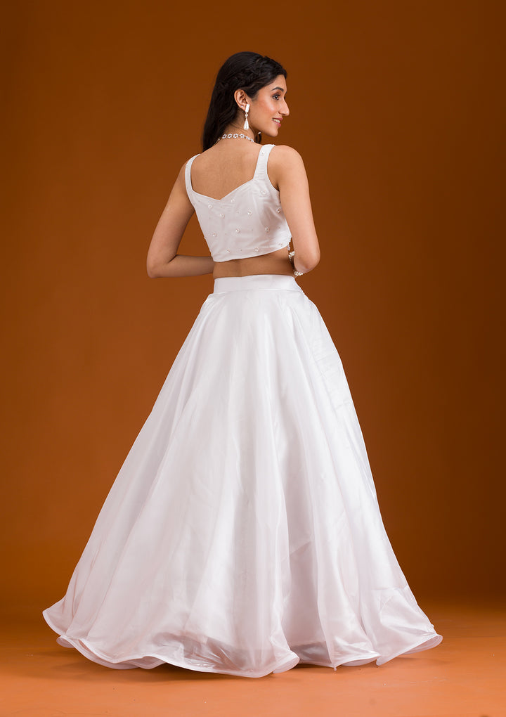 White Stonework Satin Readymade Lehenga