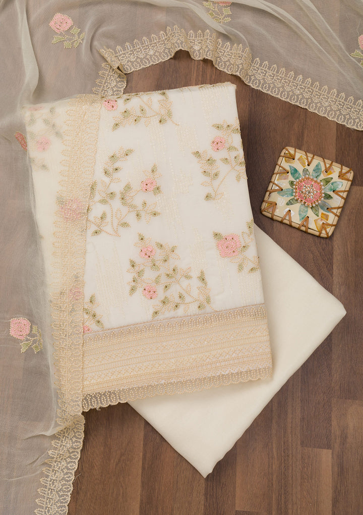 White Threadwork Georgette Unstitched Salwar Suit