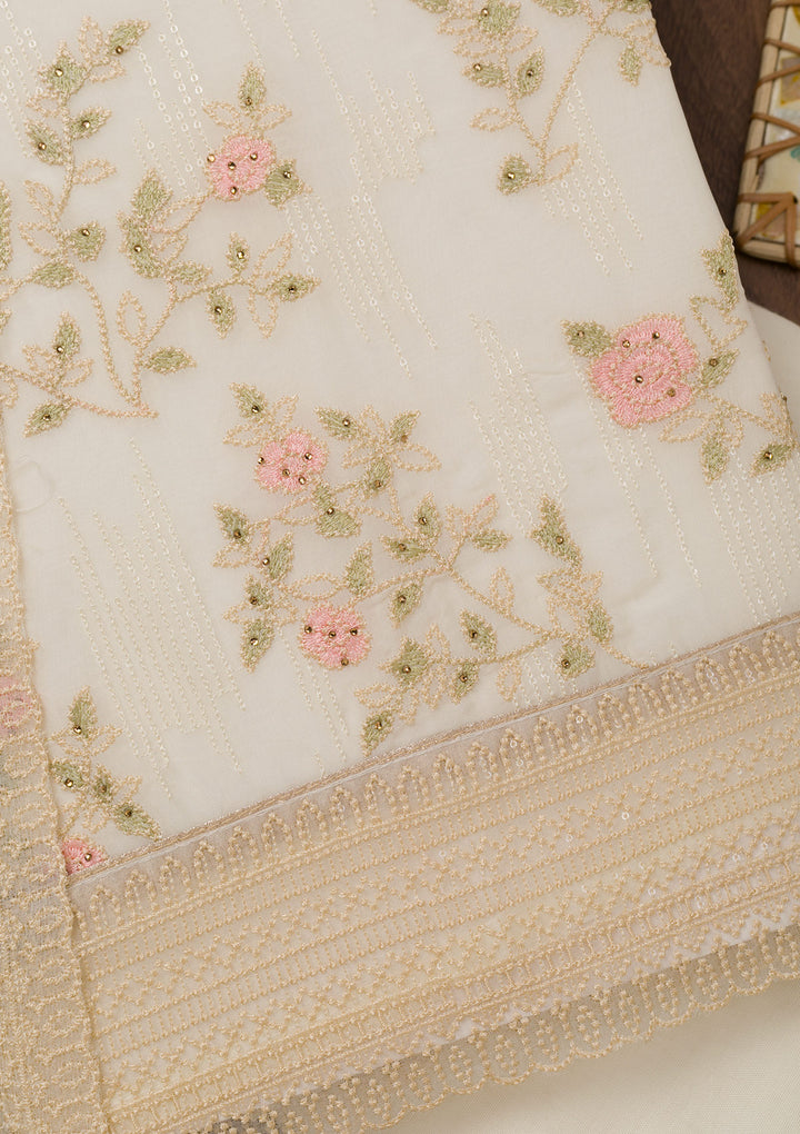White Threadwork Georgette Unstitched Salwar Suit