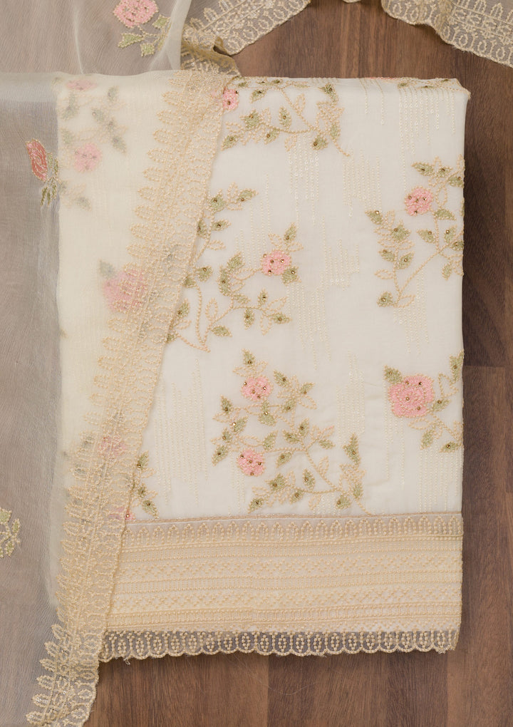 White Threadwork Georgette Unstitched Salwar Suit