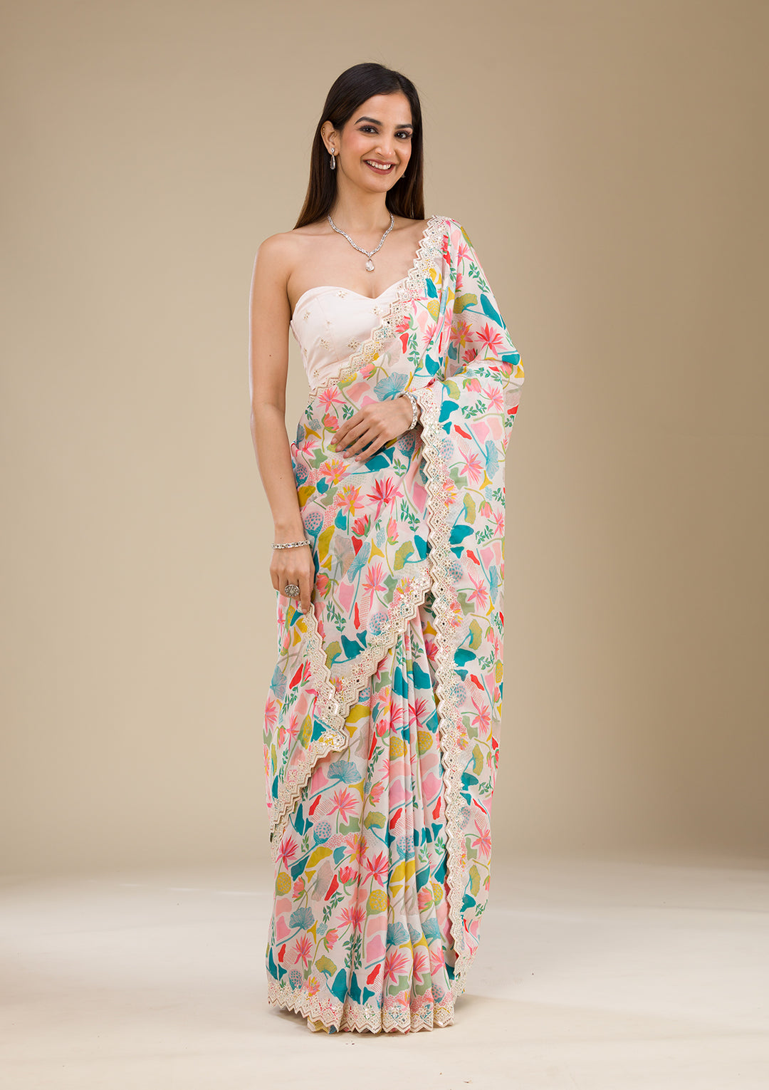 White Threadwork Georgette Saree
