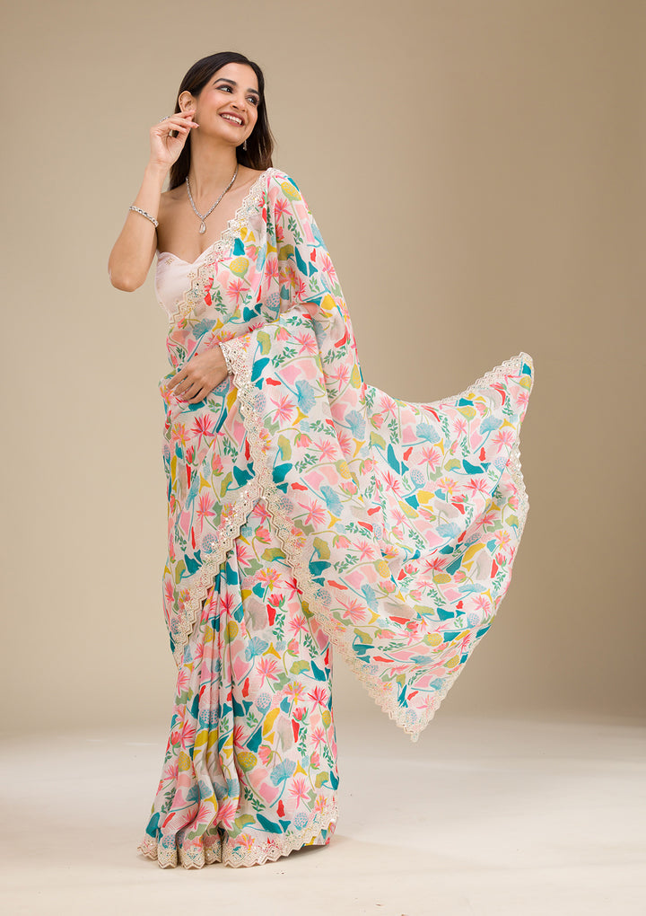 White Threadwork Georgette Saree