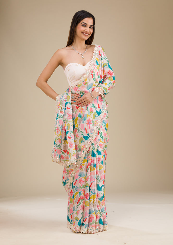 White Threadwork Georgette Saree
