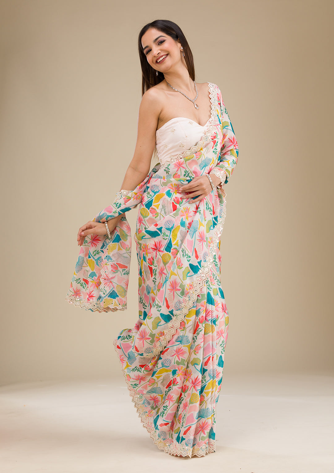 White Threadwork Georgette Saree