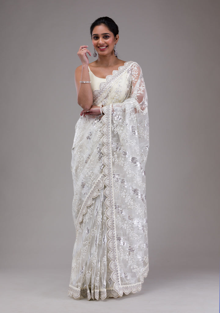 White Sequins Net Saree
