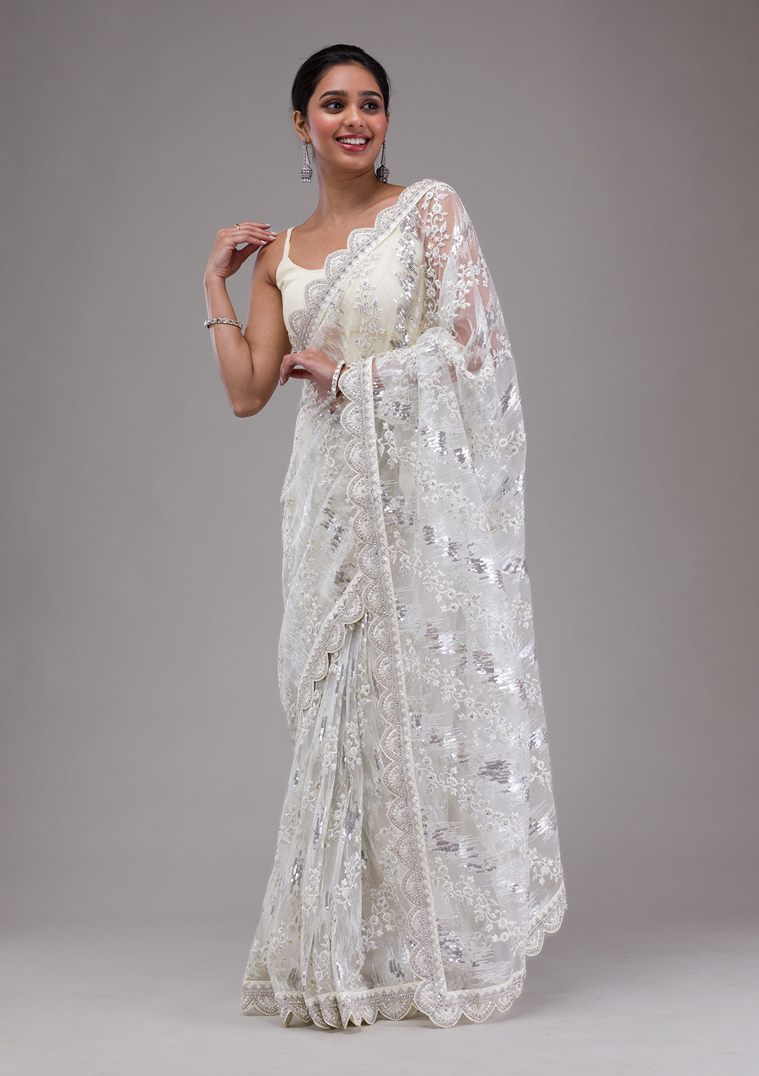 White Sequins Net Saree