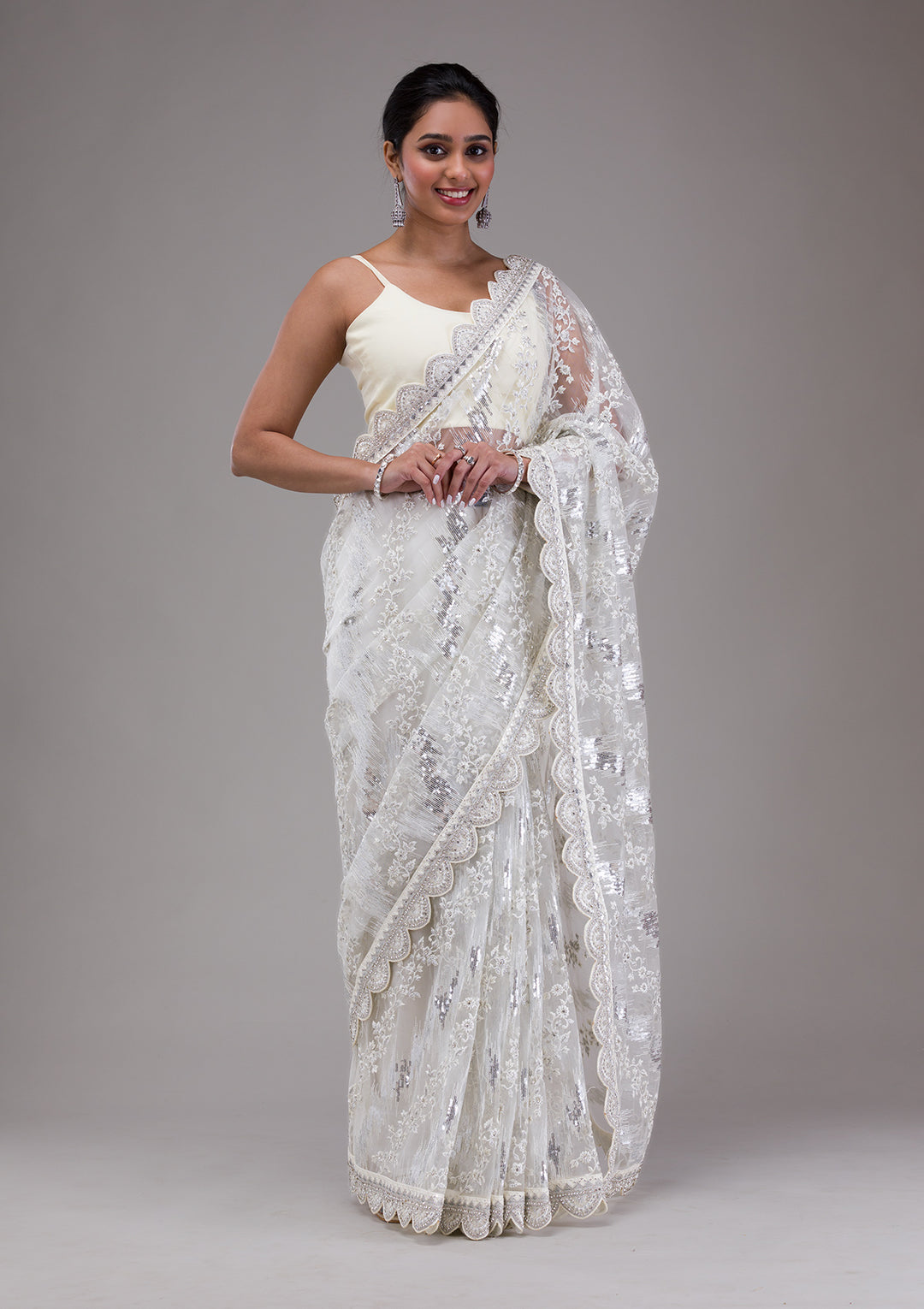 White Sequins Net Saree