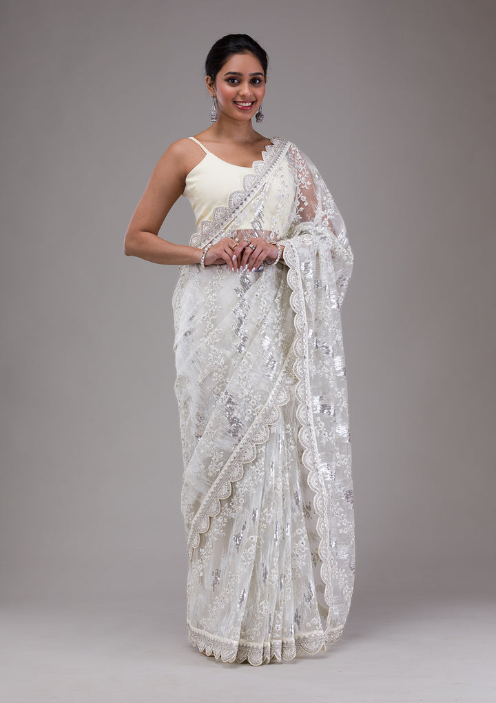 White Sequins Net Saree