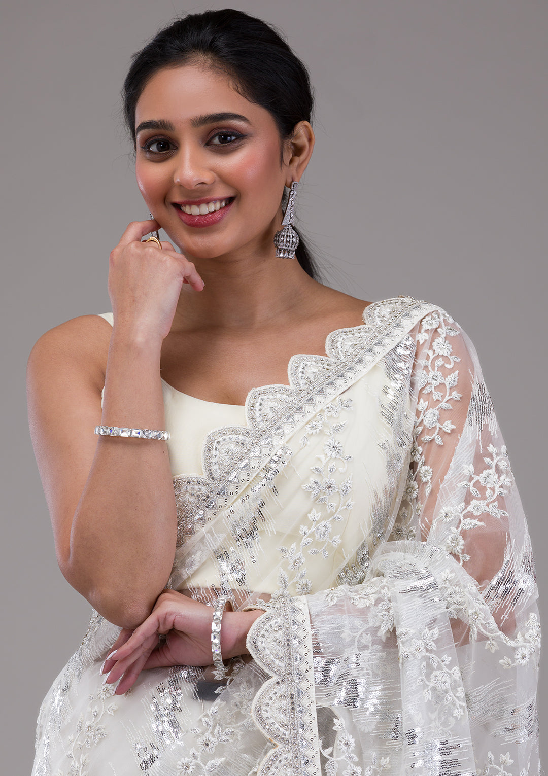 White Sequins Net Saree