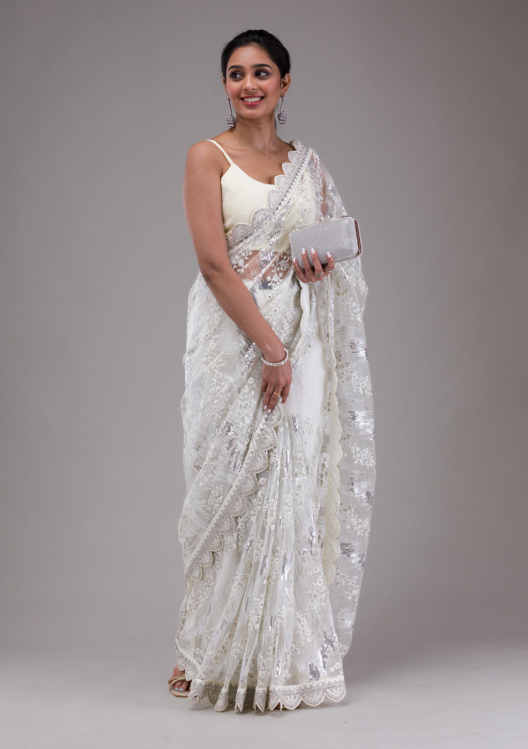 White Sequins Net Saree