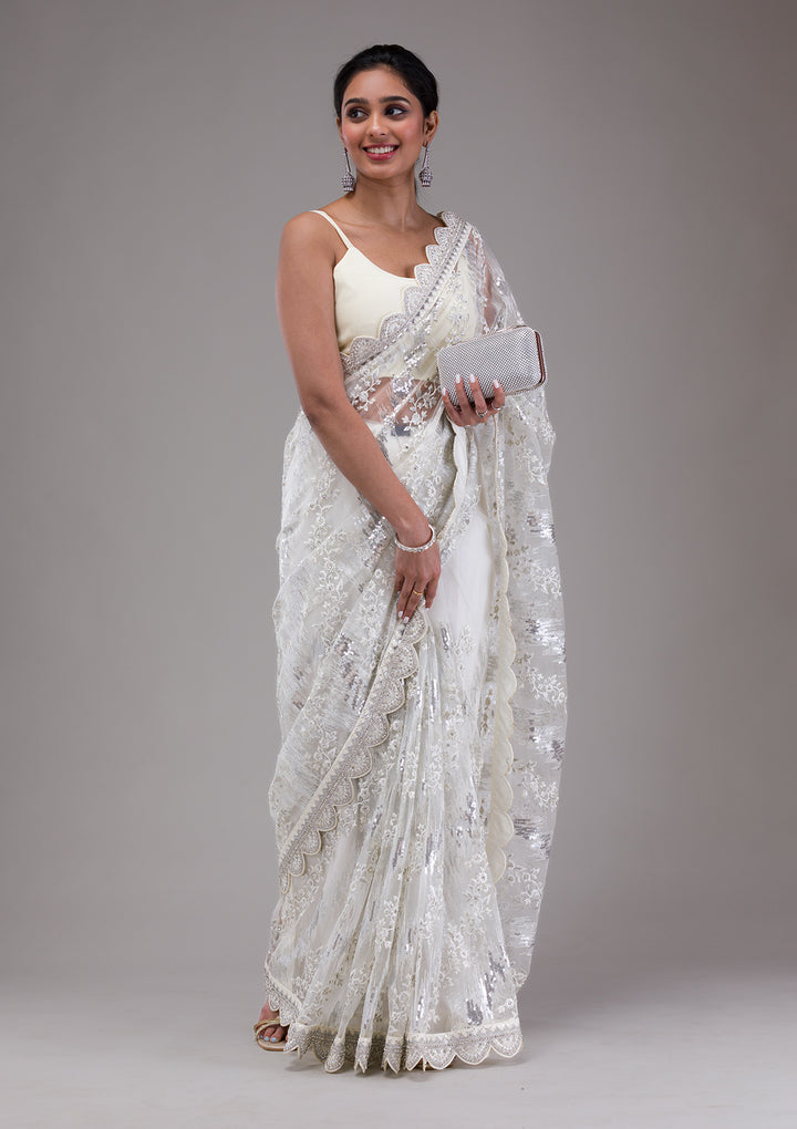 White Sequins Net Saree