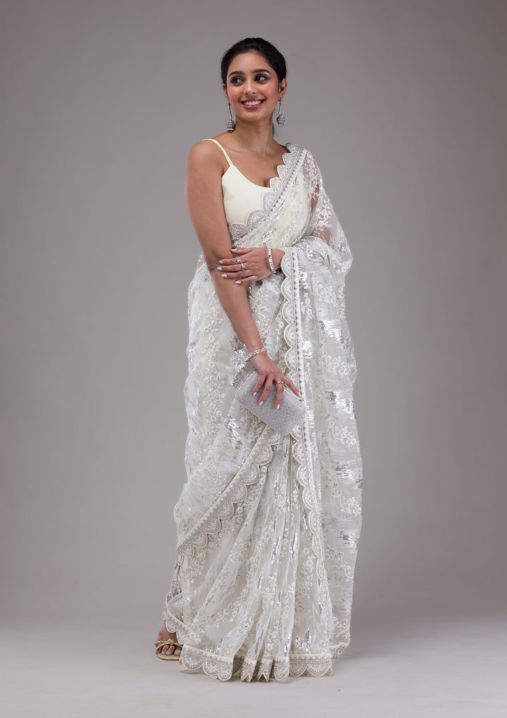 White Sequins Net Saree