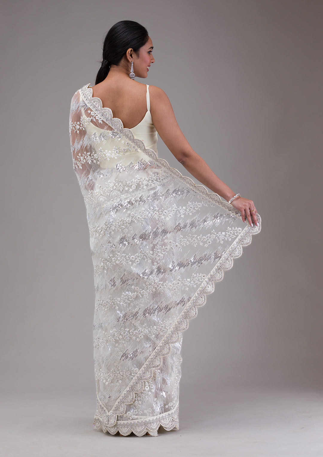 White Sequins Net Saree