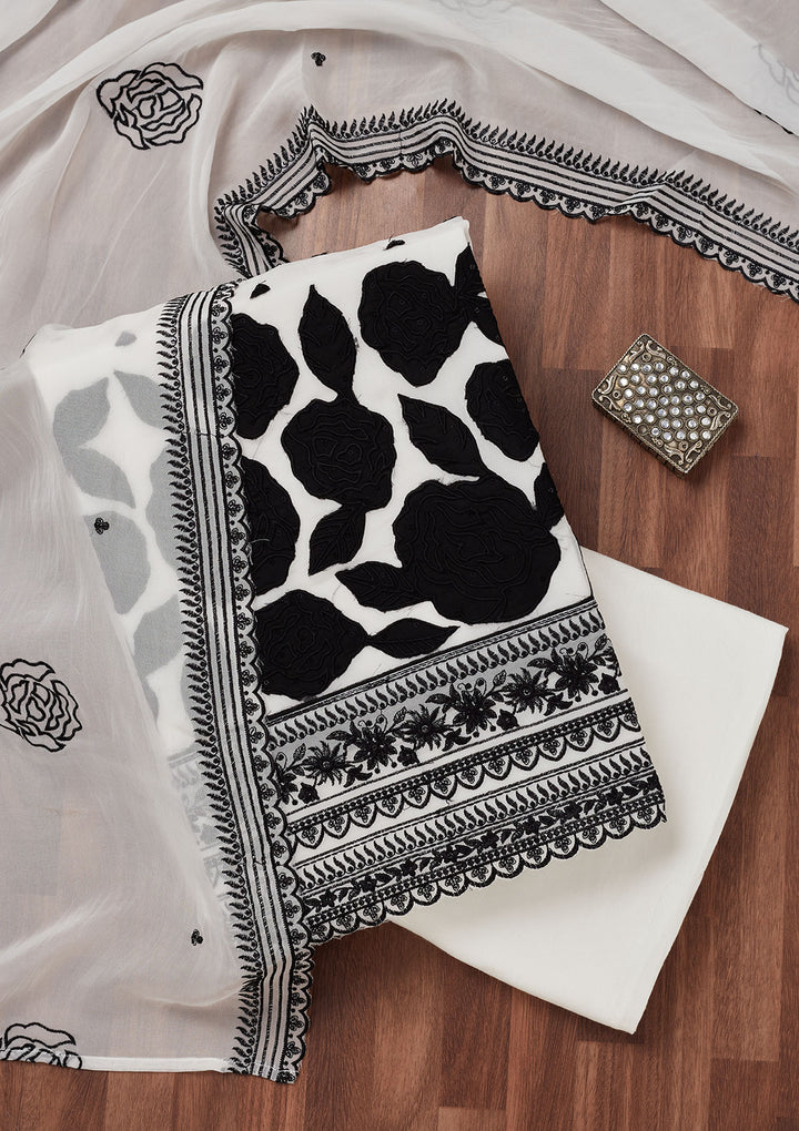 White Threadwork Printed Unstitched Salwar Suit