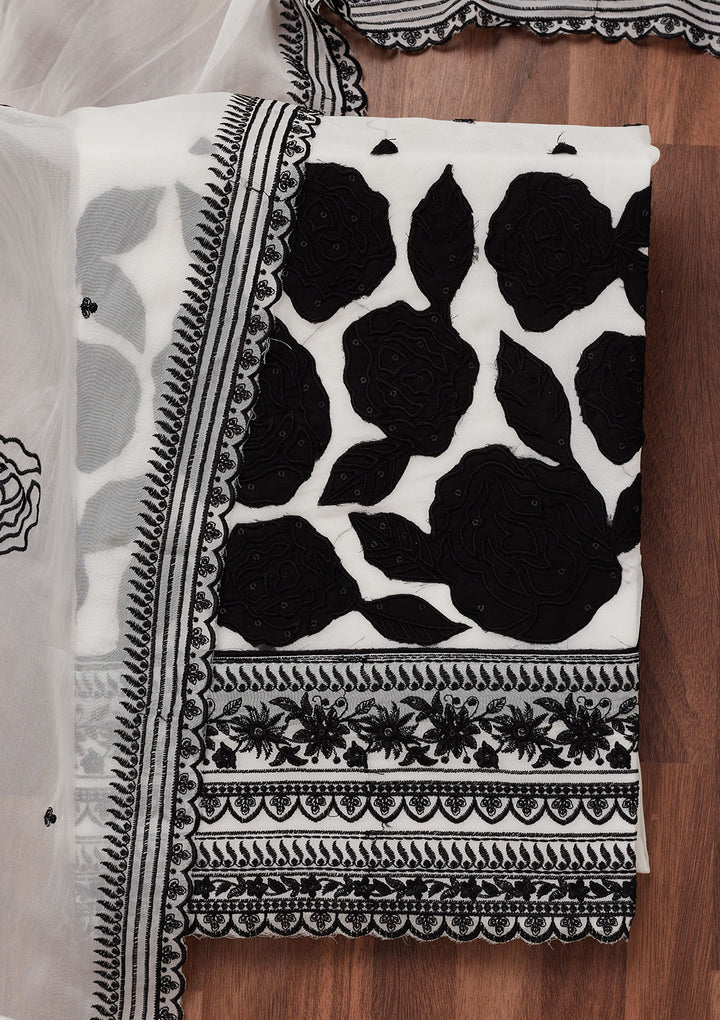 White Threadwork Printed Unstitched Salwar Suit