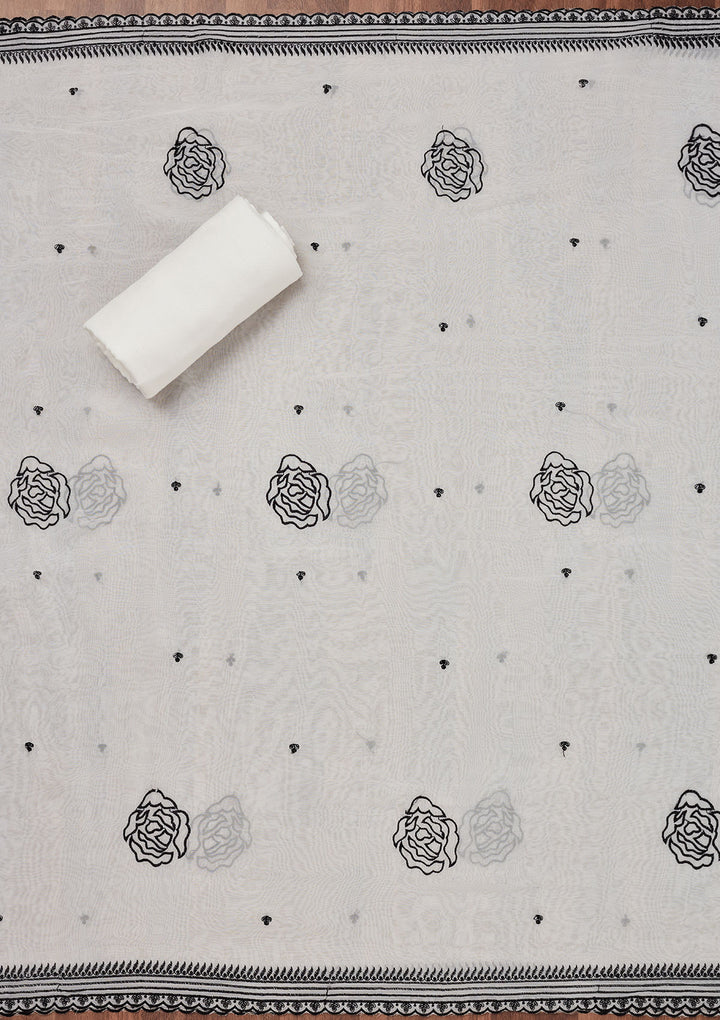 White Threadwork Printed Unstitched Salwar Suit
