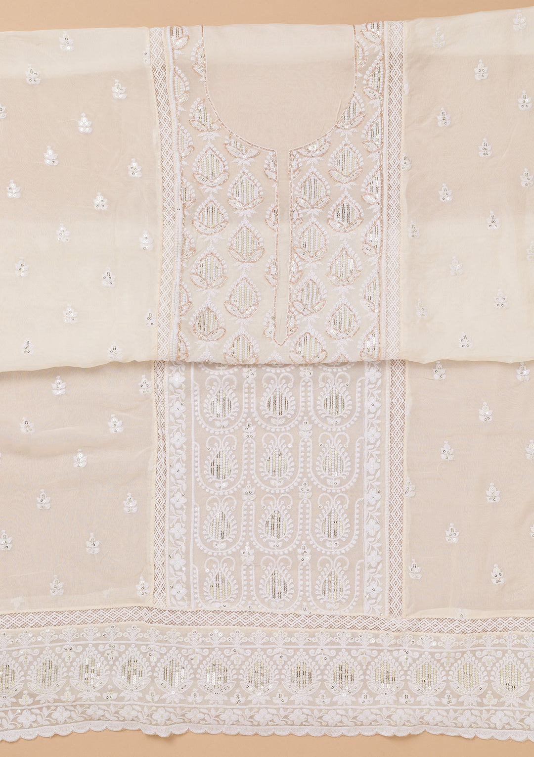 White Threadwork Semi Crepe Unstitched Salwar Suit