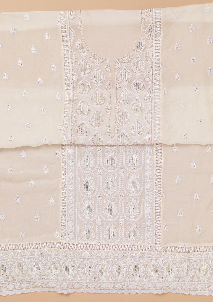 White Threadwork Semi Crepe Unstitched Salwar Suit