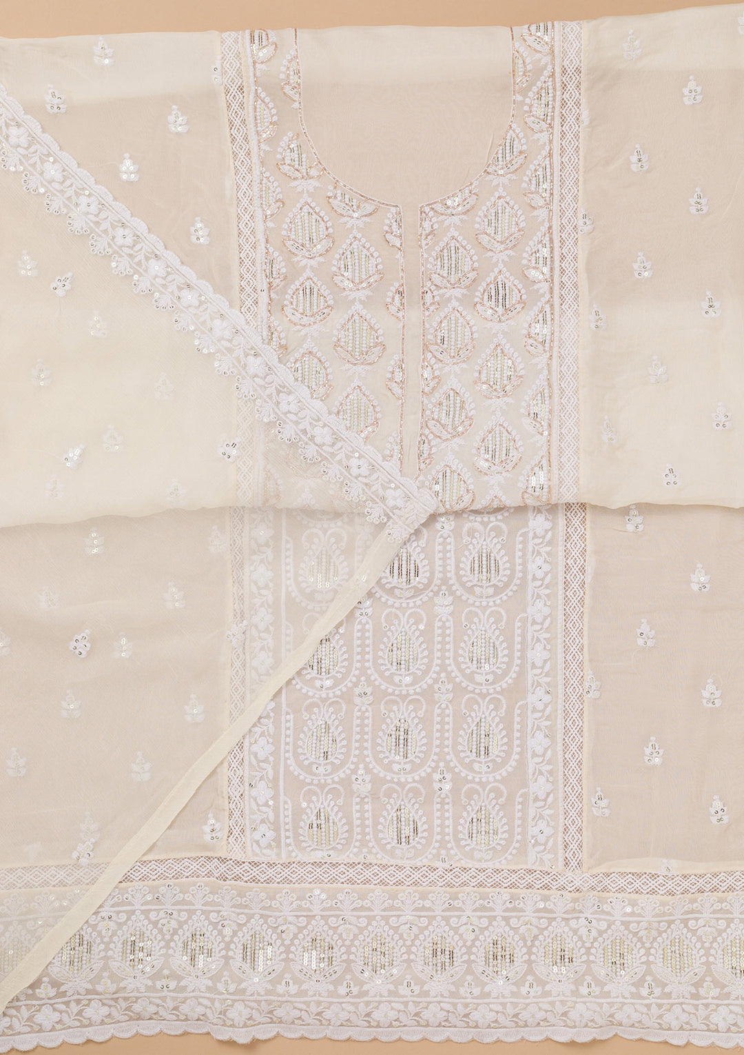 White Threadwork Semi Crepe Unstitched Salwar Suit