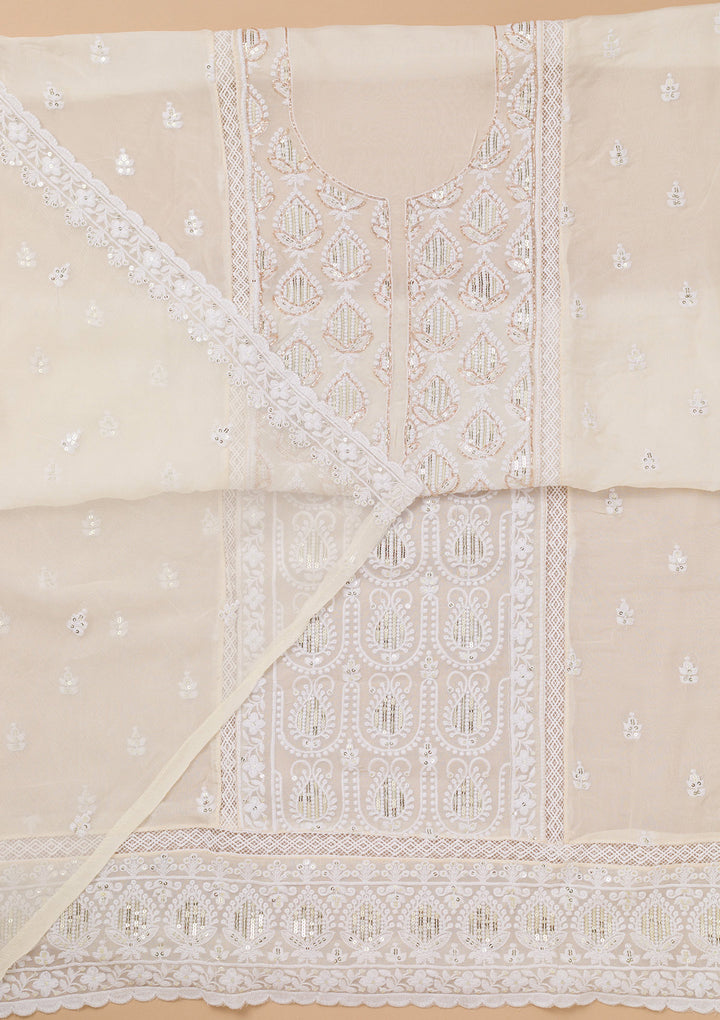 White Threadwork Semi Crepe Unstitched Salwar Suit