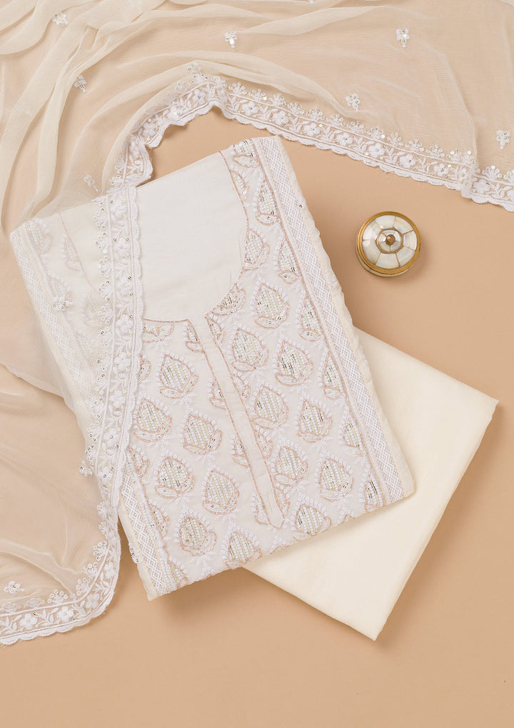 White Threadwork Semi Crepe Unstitched Salwar Suit