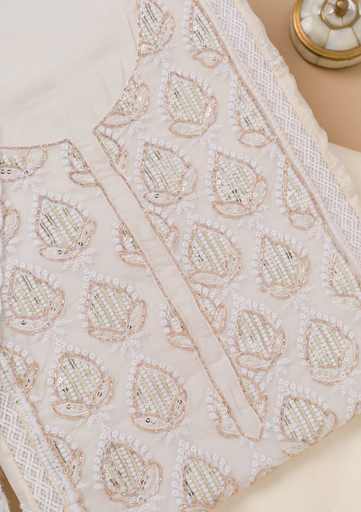 White Threadwork Semi Crepe Unstitched Salwar Suit