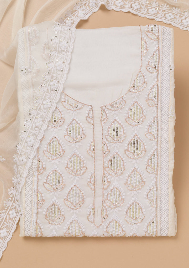White Threadwork Semi Crepe Unstitched Salwar Suit
