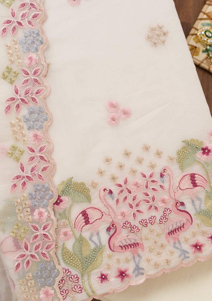 White Threadwork Tissue Unstitched Salwar Suit