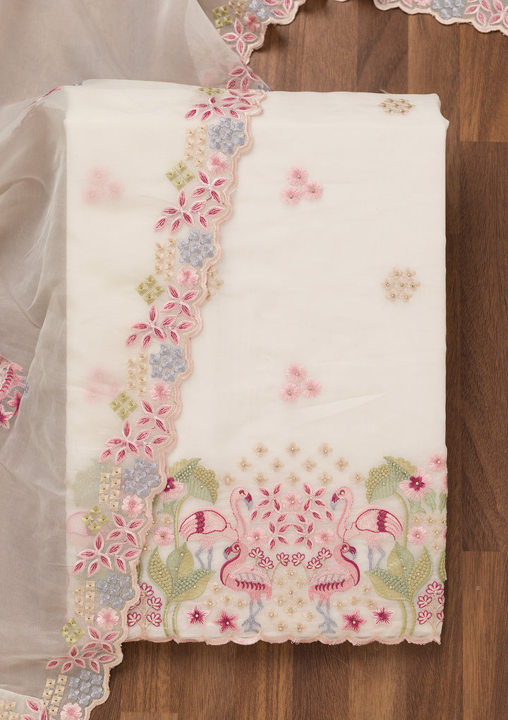White Threadwork Tissue Unstitched Salwar Suit